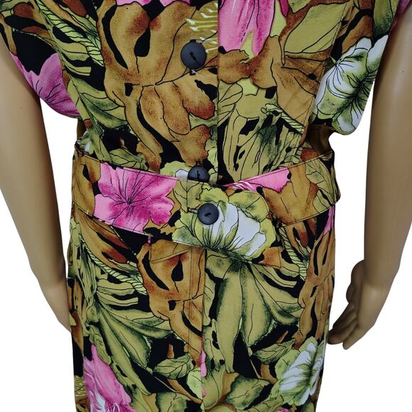 1980s April Rain Tropical Wiggle Dress Shoulder Pads Button Up Back Size Small - Picture 3 of 11